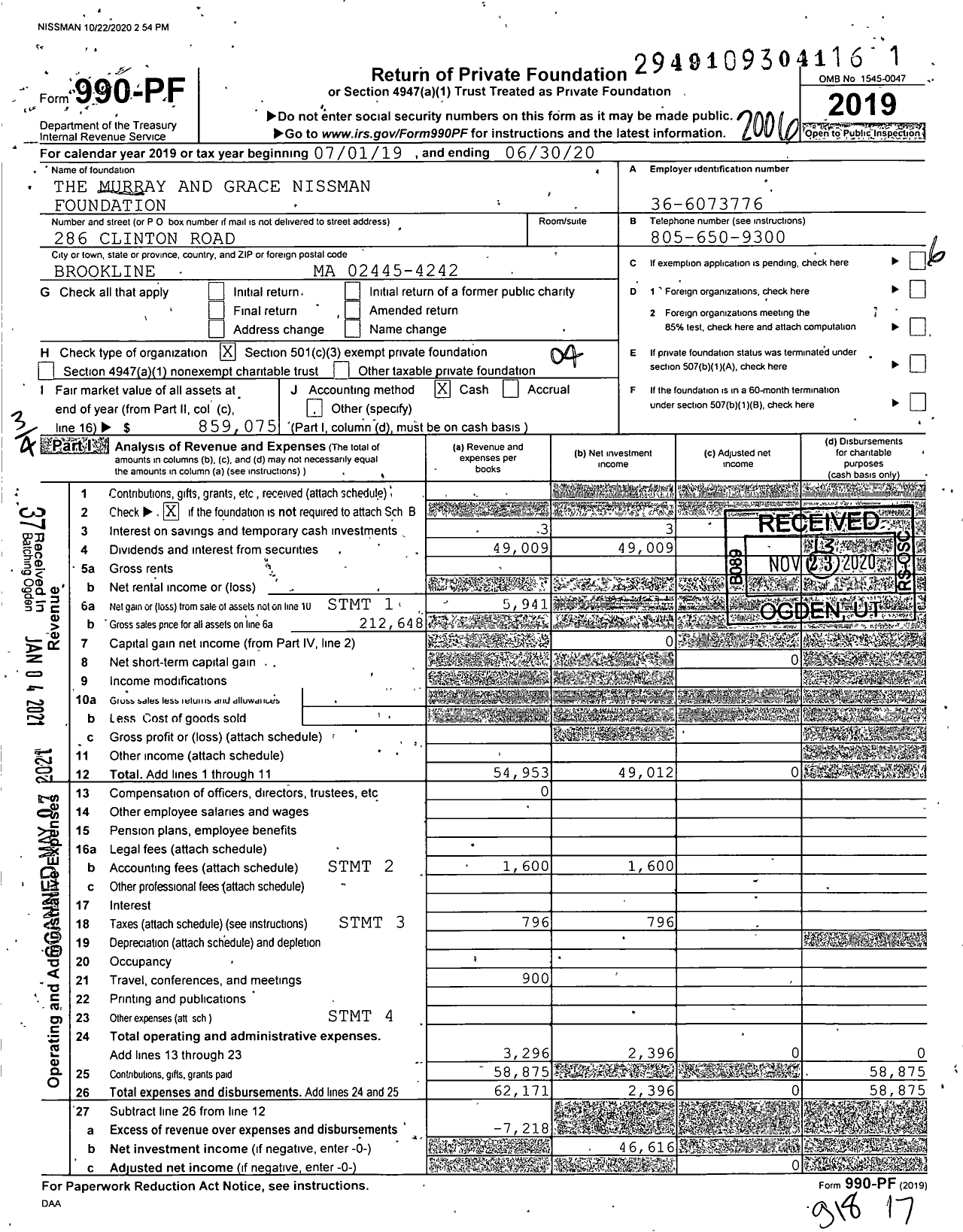 Image of first page of 2019 Form 990PF for The Murray and Grace Nissman Foundation