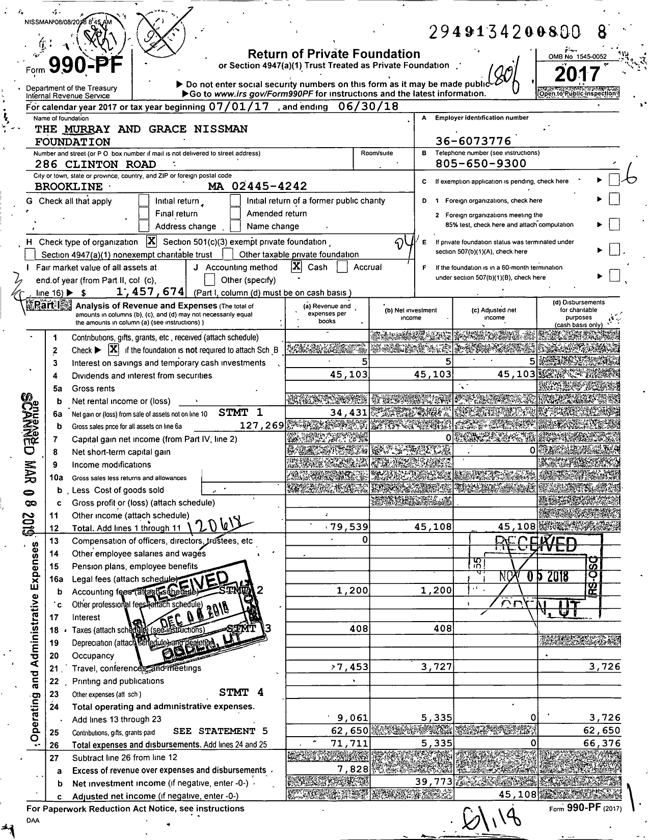 Image of first page of 2017 Form 990PF for The Murray and Grace Nissman Foundation