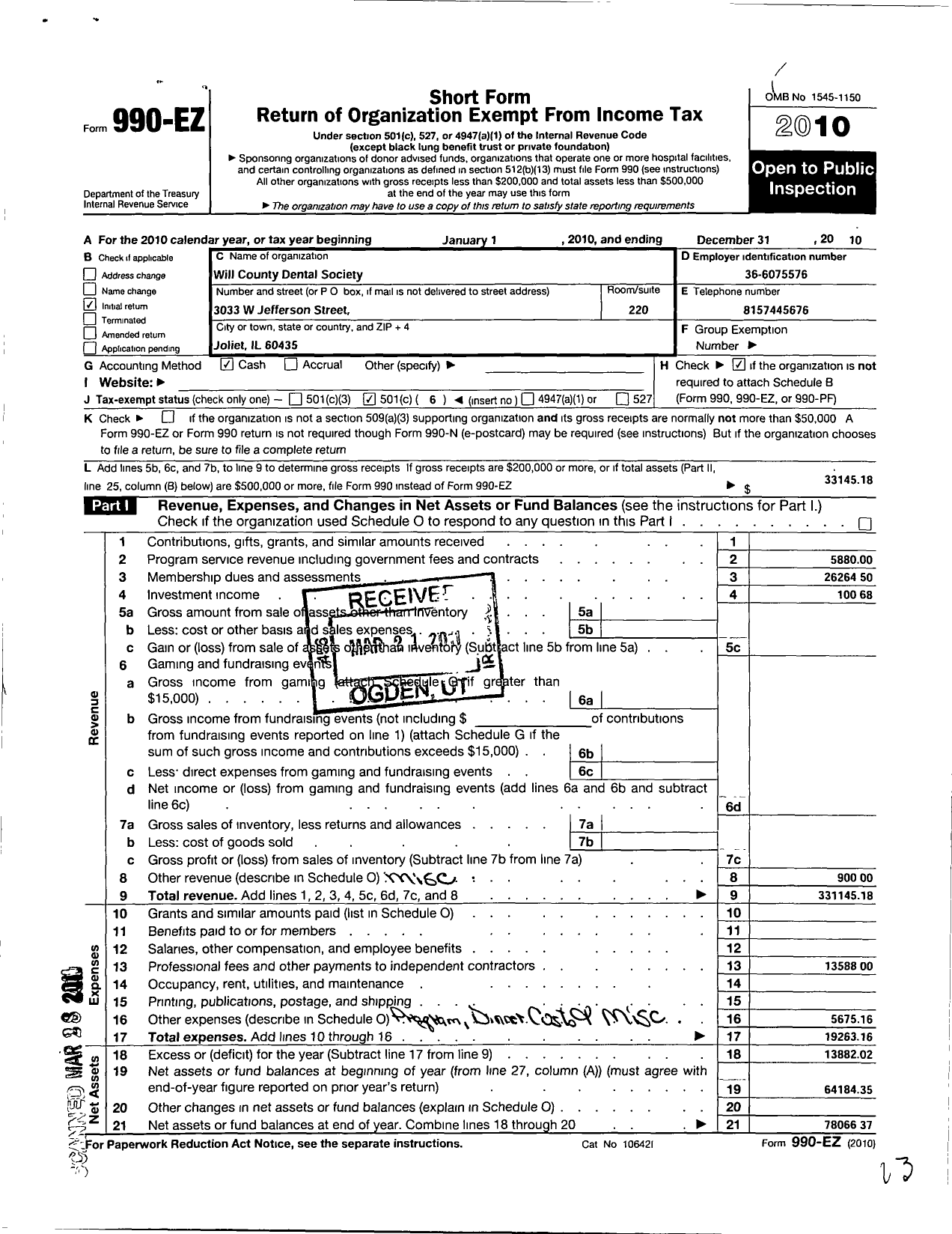 Image of first page of 2010 Form 990EO for Will County Dental Society