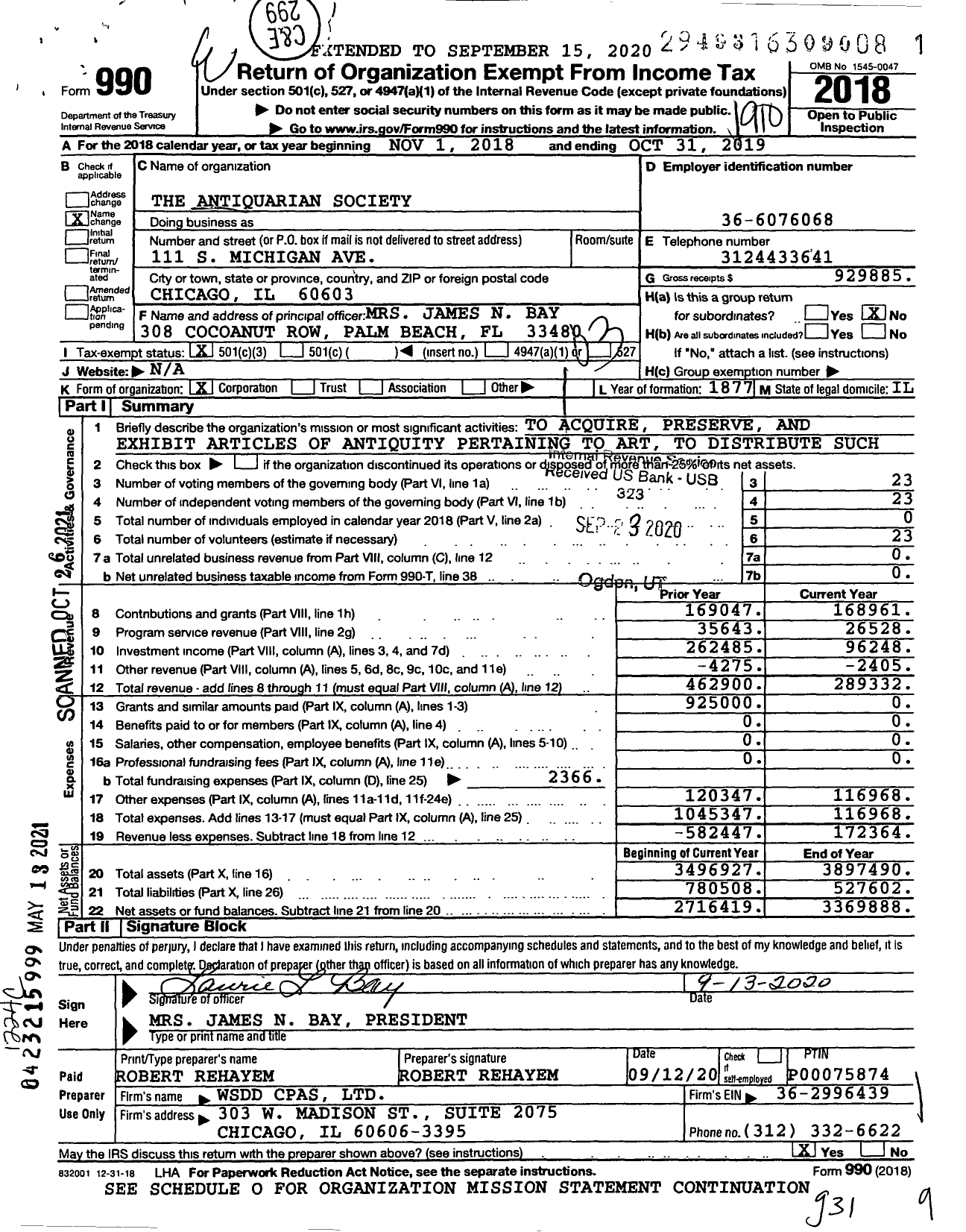 Image of first page of 2018 Form 990 for The Antiquarian Society