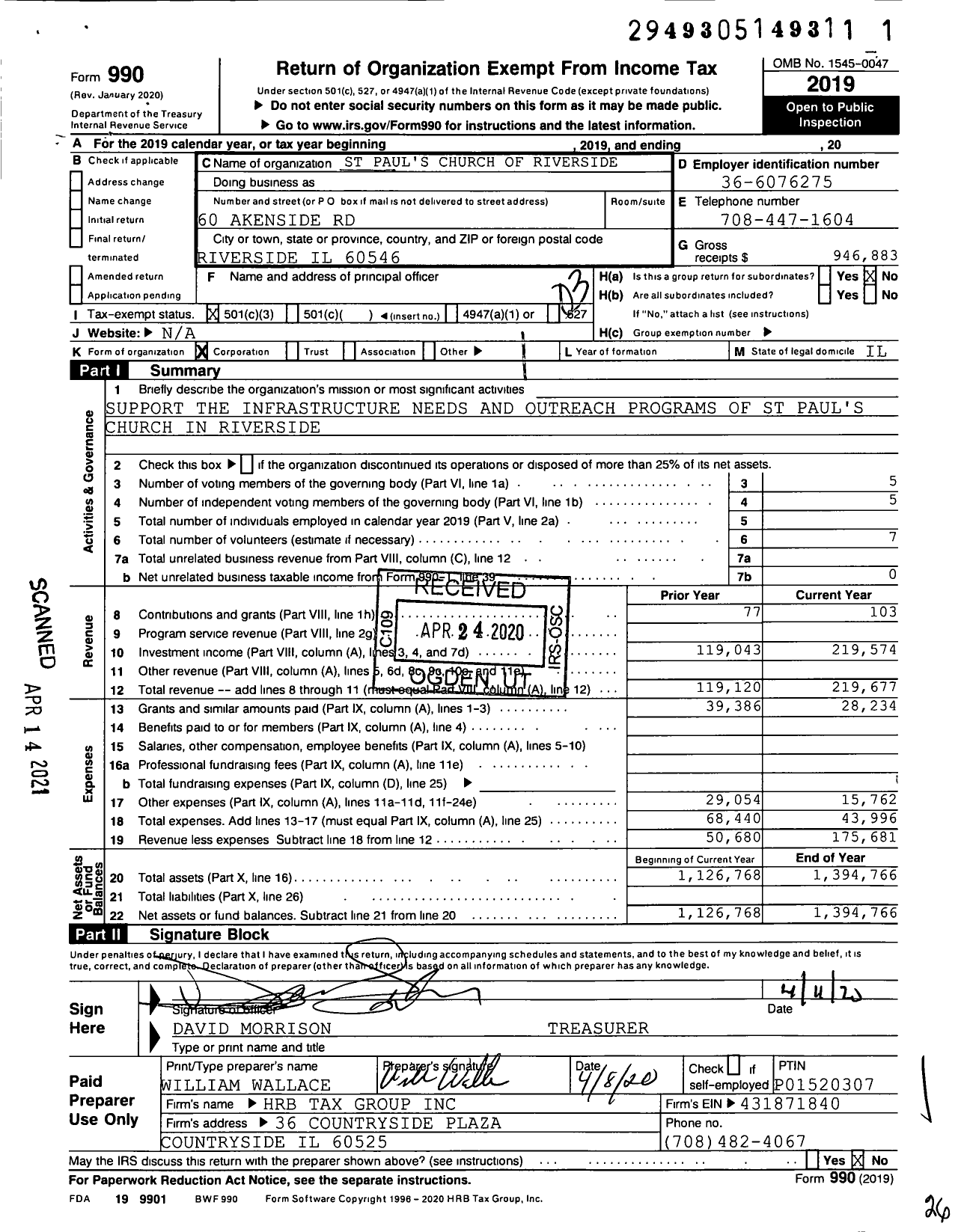 Image of first page of 2019 Form 990 for St Pauls Church of Riverside Il Foundation