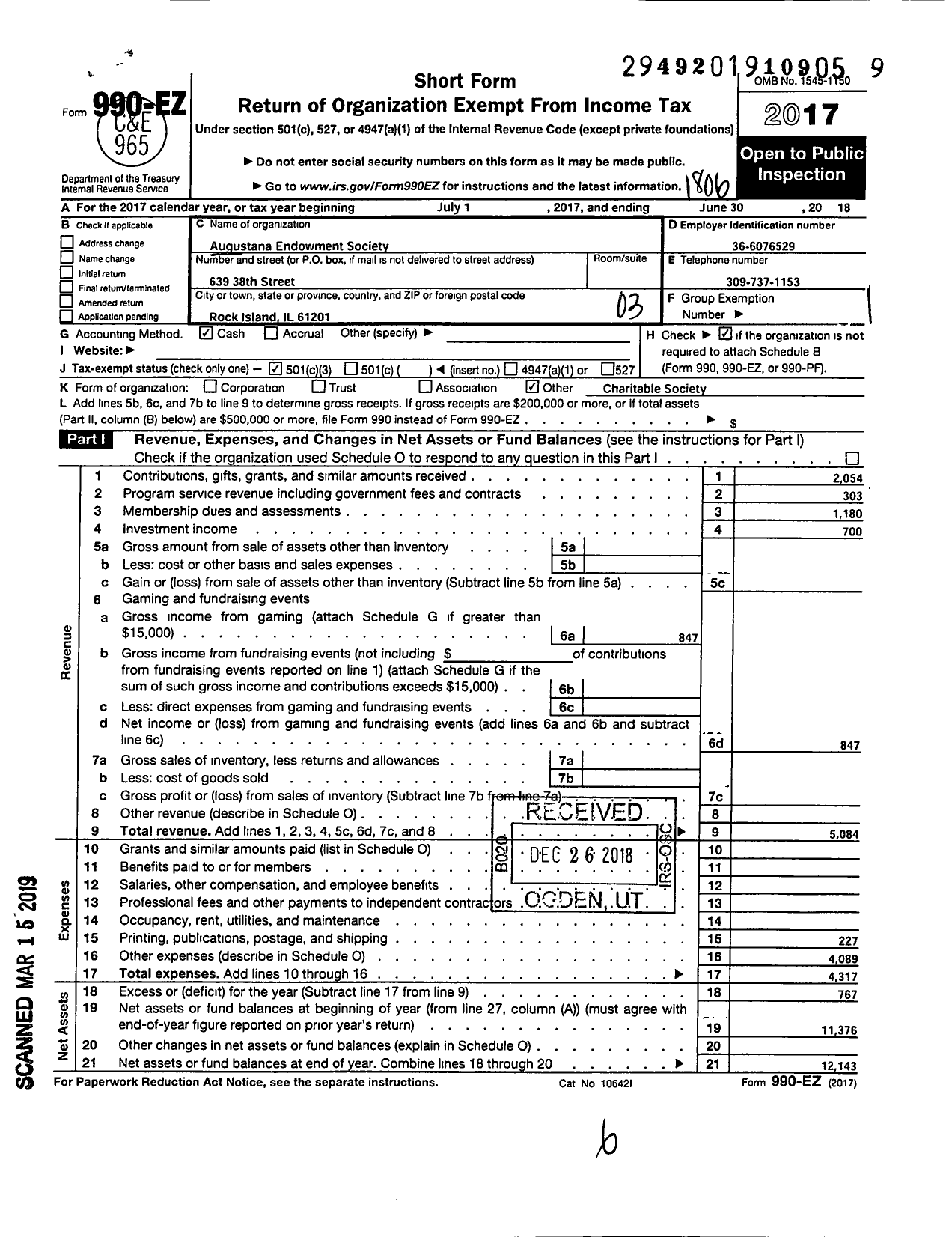 Image of first page of 2017 Form 990EZ for Augustana Endowment Society