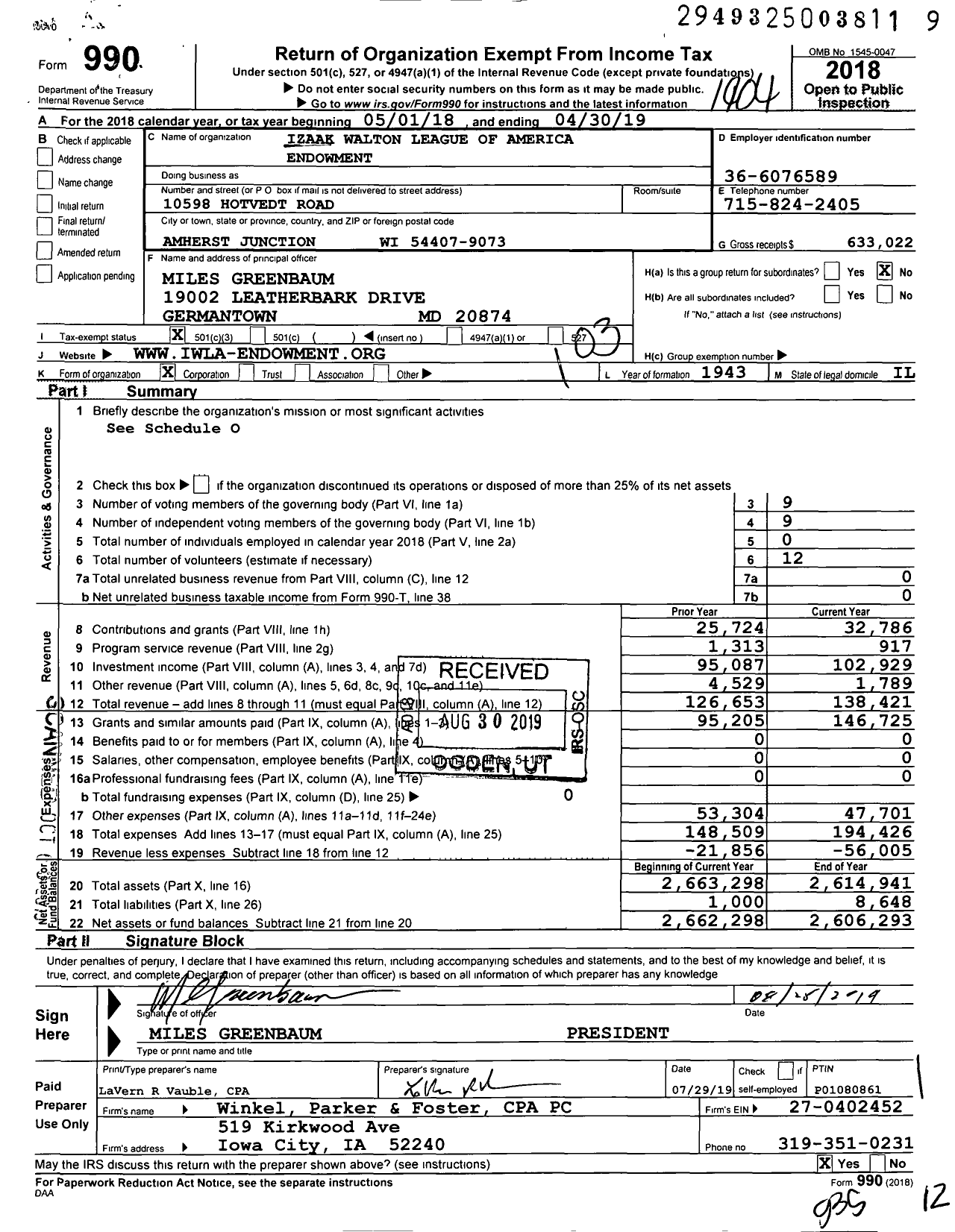 Image of first page of 2018 Form 990 for Izaak Walton League of America Endowment