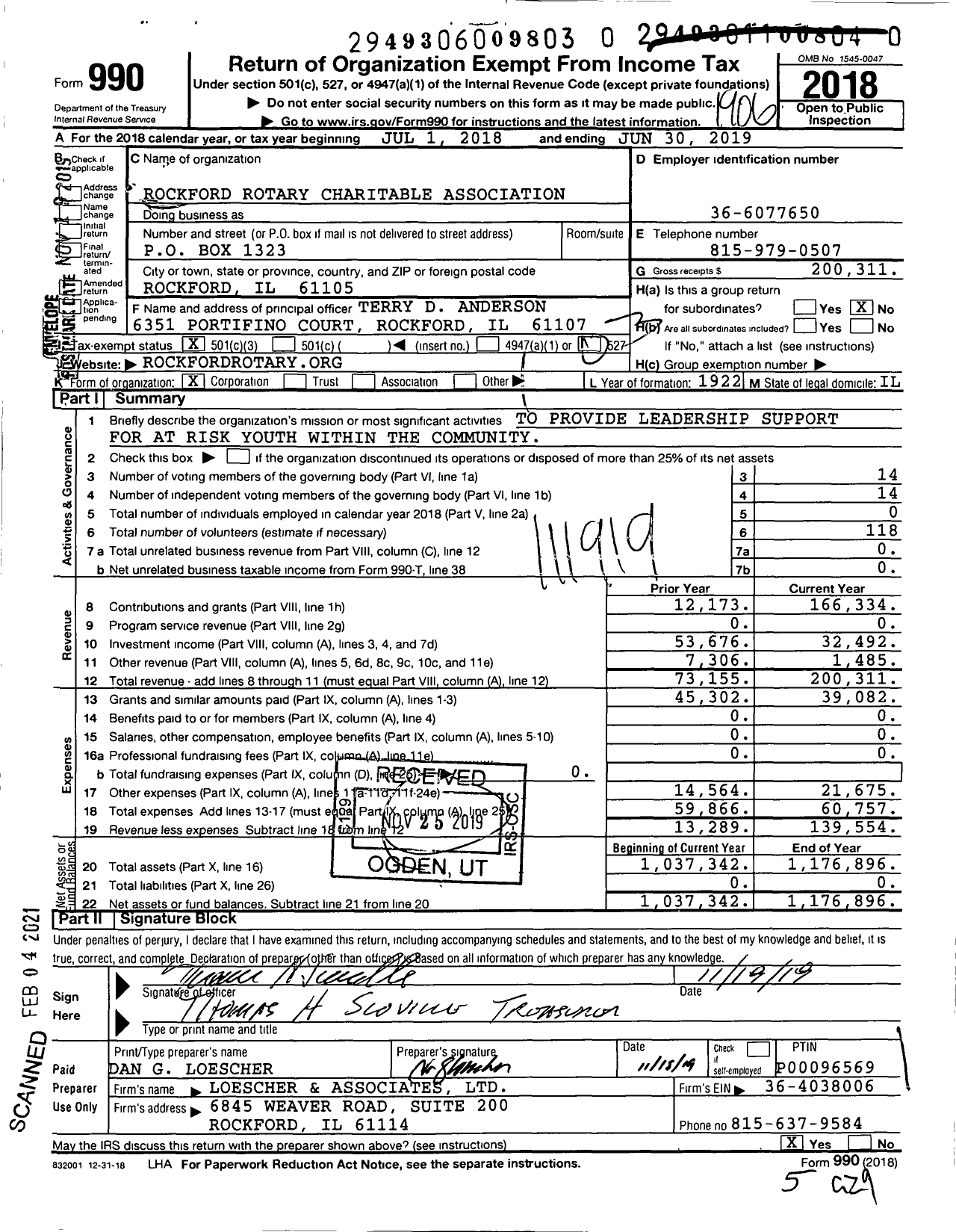 Image of first page of 2018 Form 990 for Rockford Rotary Charitable Association