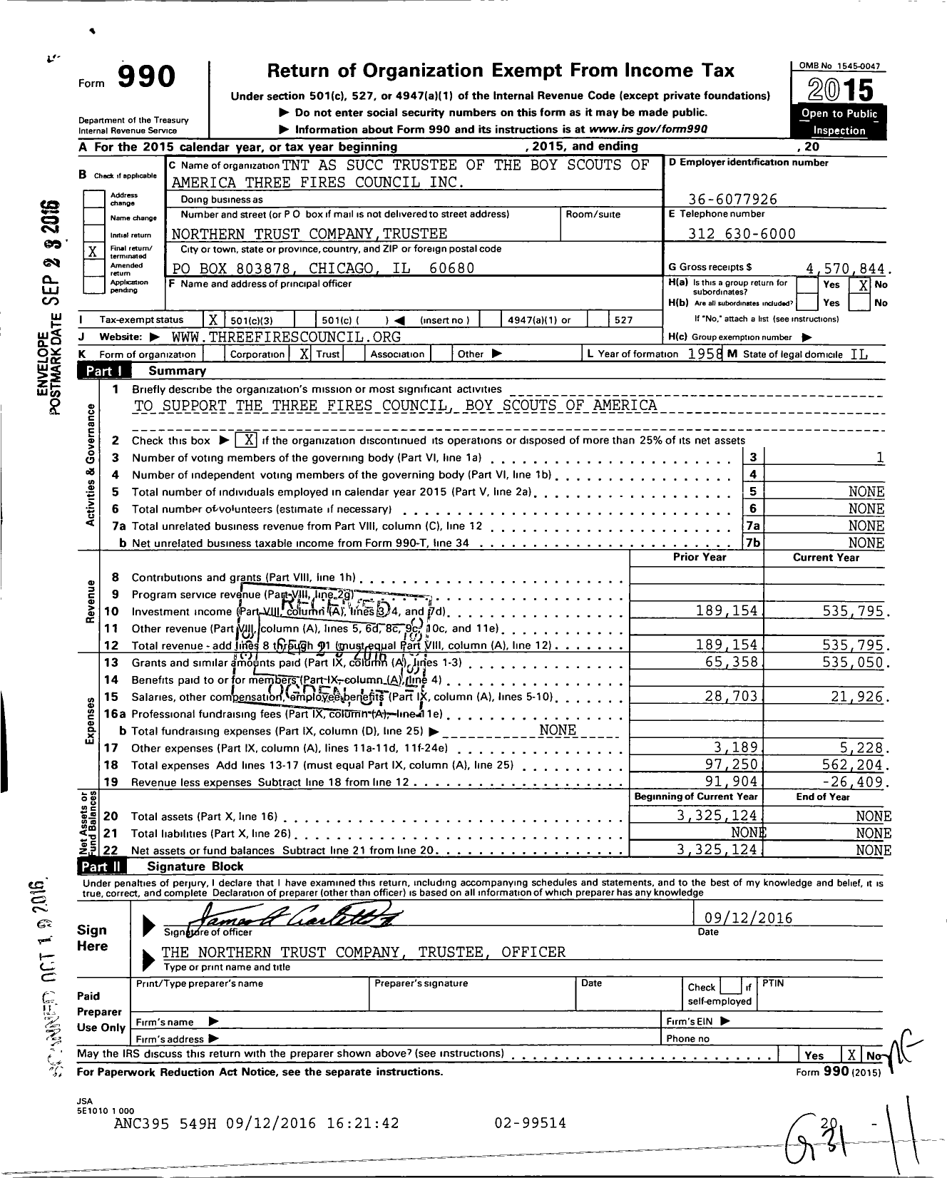 Image of first page of 2015 Form 990 for Boy Scouts of America Three Fires Council