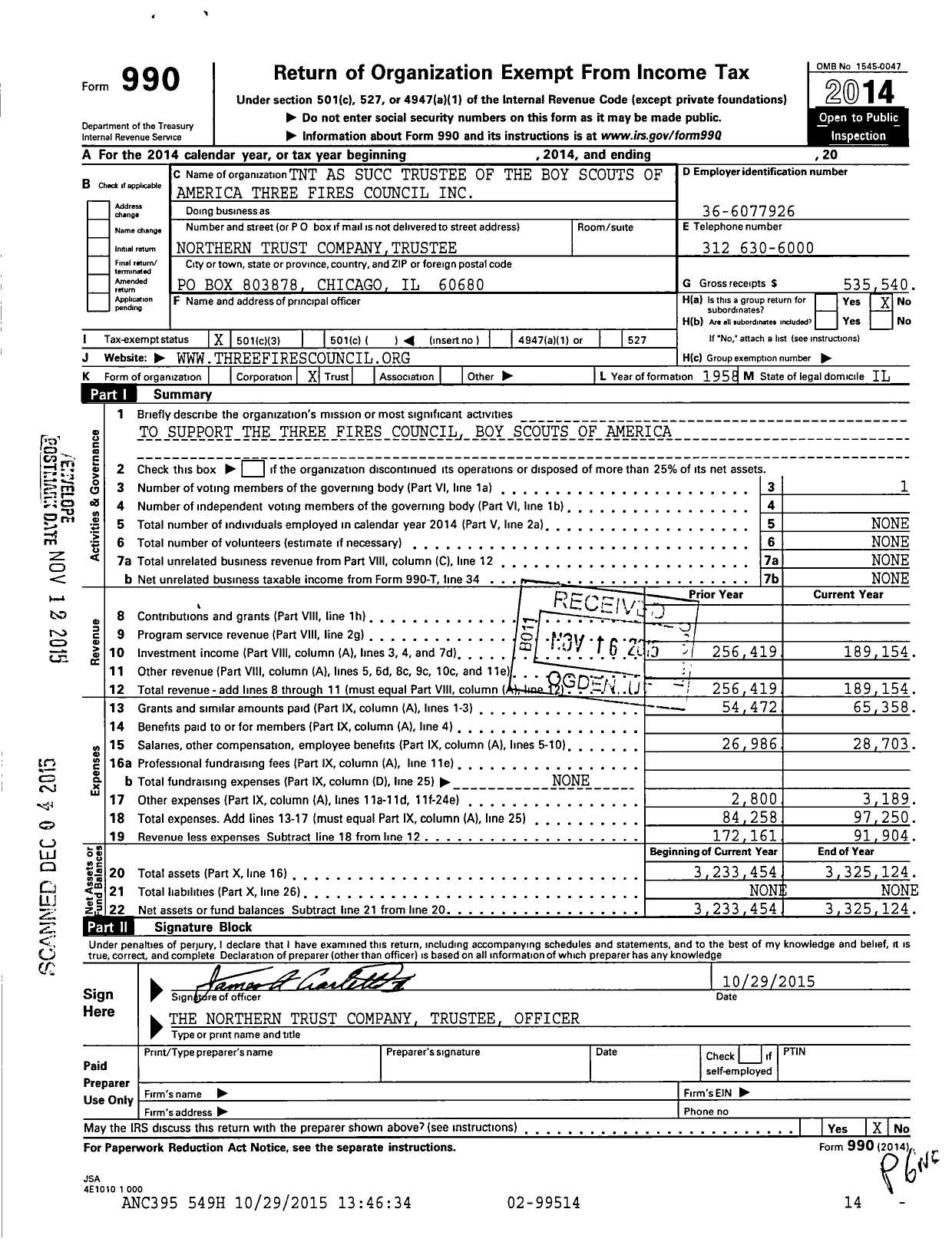 Image of first page of 2014 Form 990 for Boy Scouts of America Three Fires Council