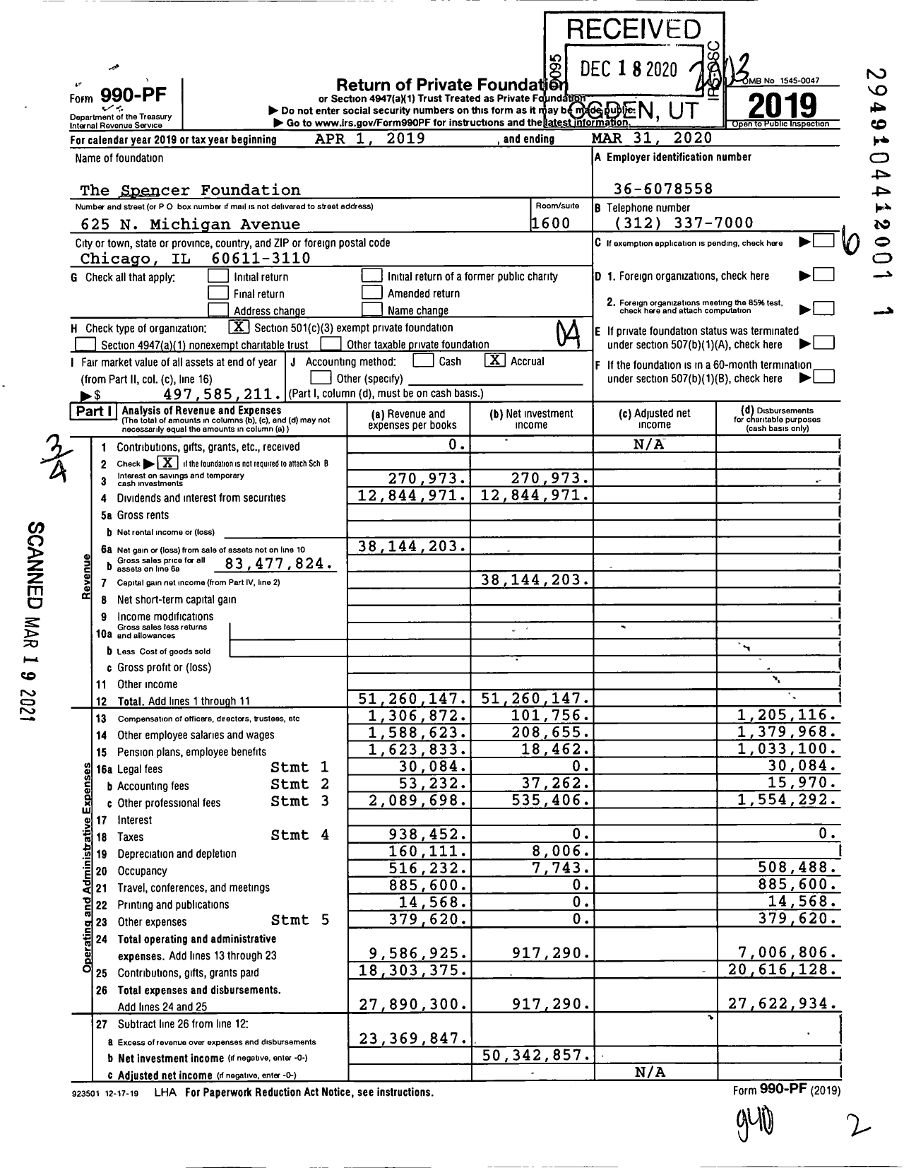 Image of first page of 2019 Form 990PF for The Spencer Foundation