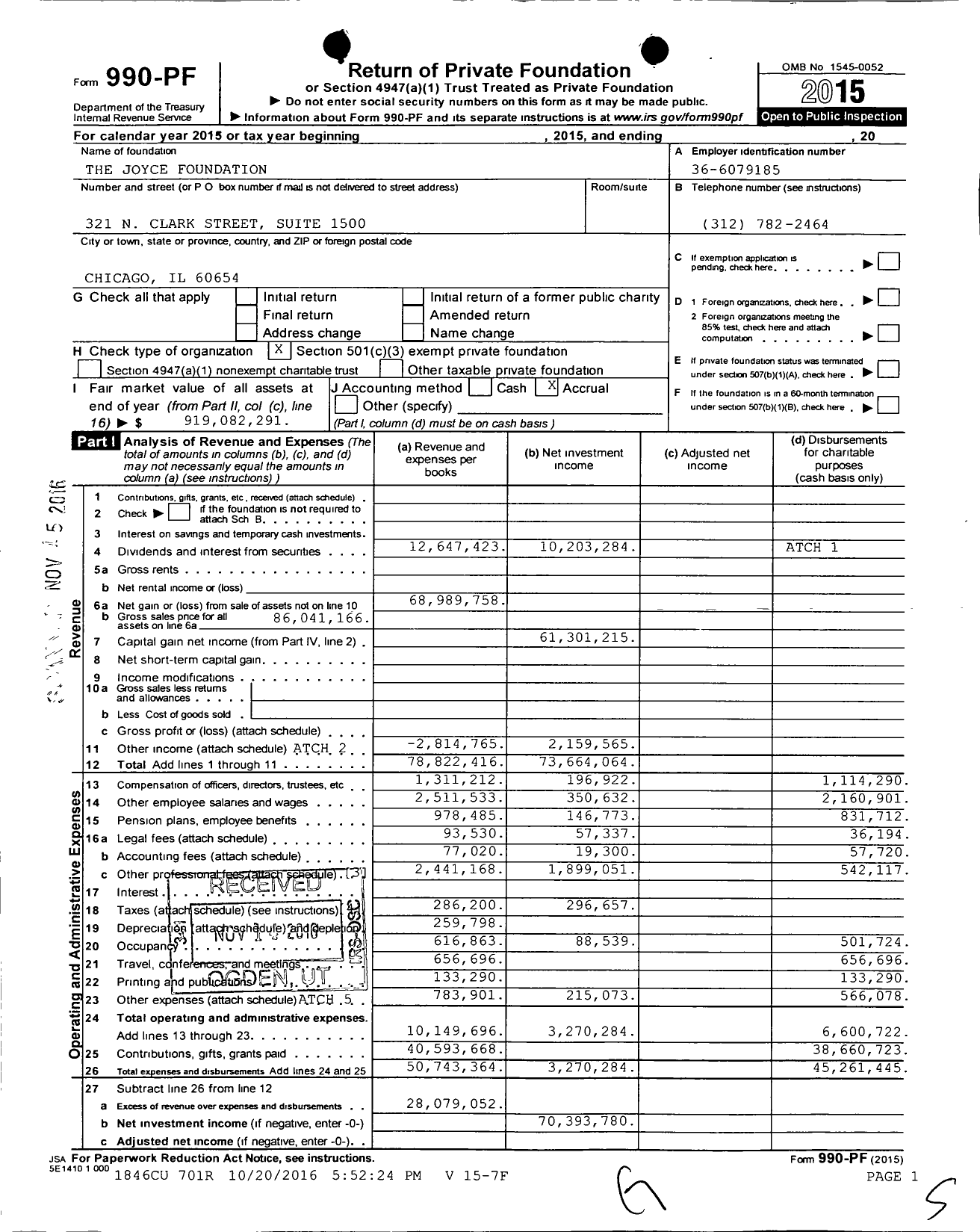 Image of first page of 2015 Form 990PF for The Joyce Foundation