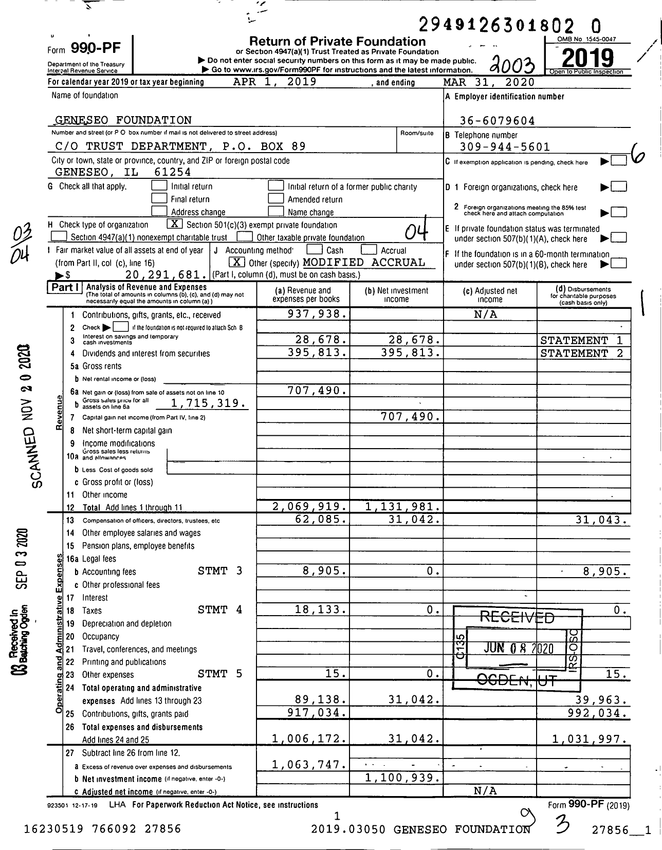 Image of first page of 2019 Form 990PF for Geneseo Foundation