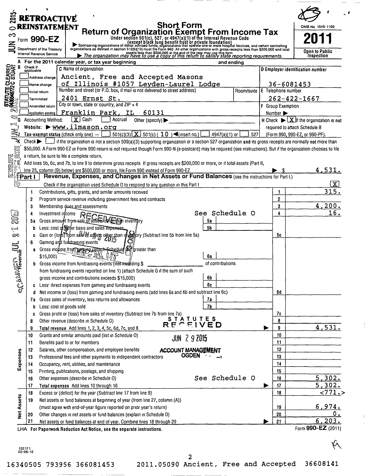 Image of first page of 2011 Form 990EO for Ancient Free & Accepted Masons of Illinois - 1057 Leyden Laurel Lodge