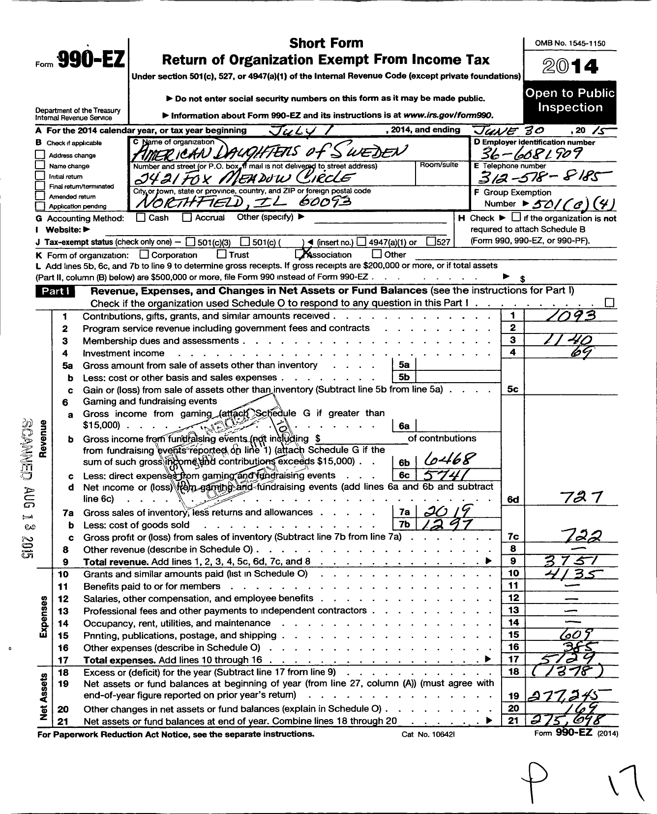 Image of first page of 2014 Form 990EO for American Daughters of Sweden