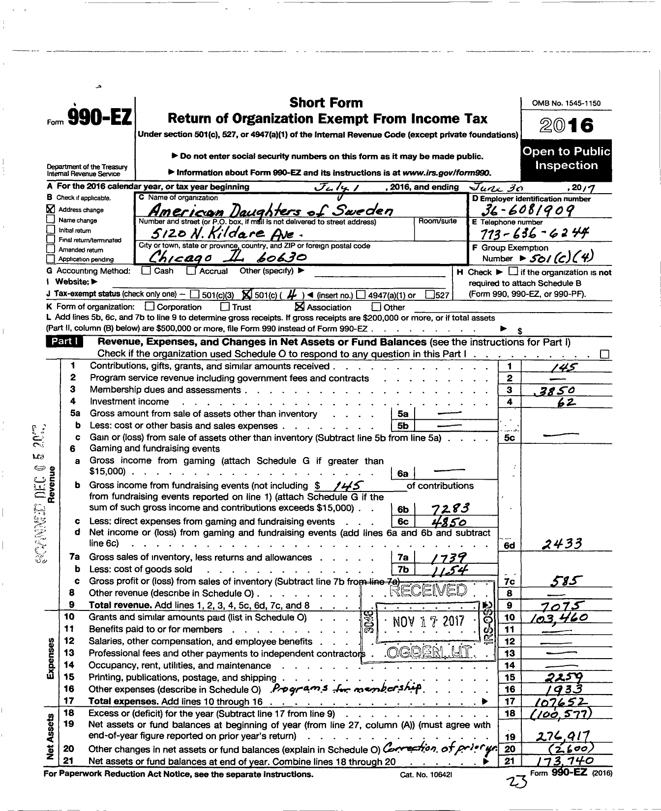 Image of first page of 2016 Form 990EO for American Daughters of Sweden