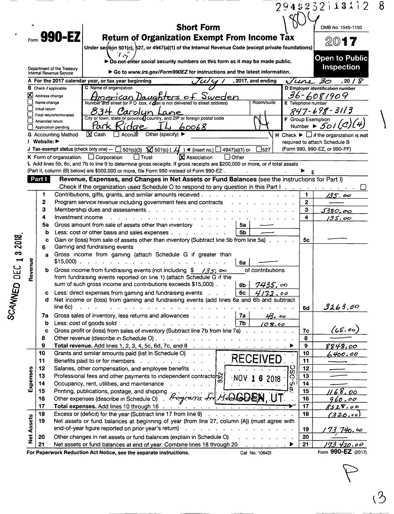 Image of first page of 2017 Form 990EO for American Daughters of Sweden