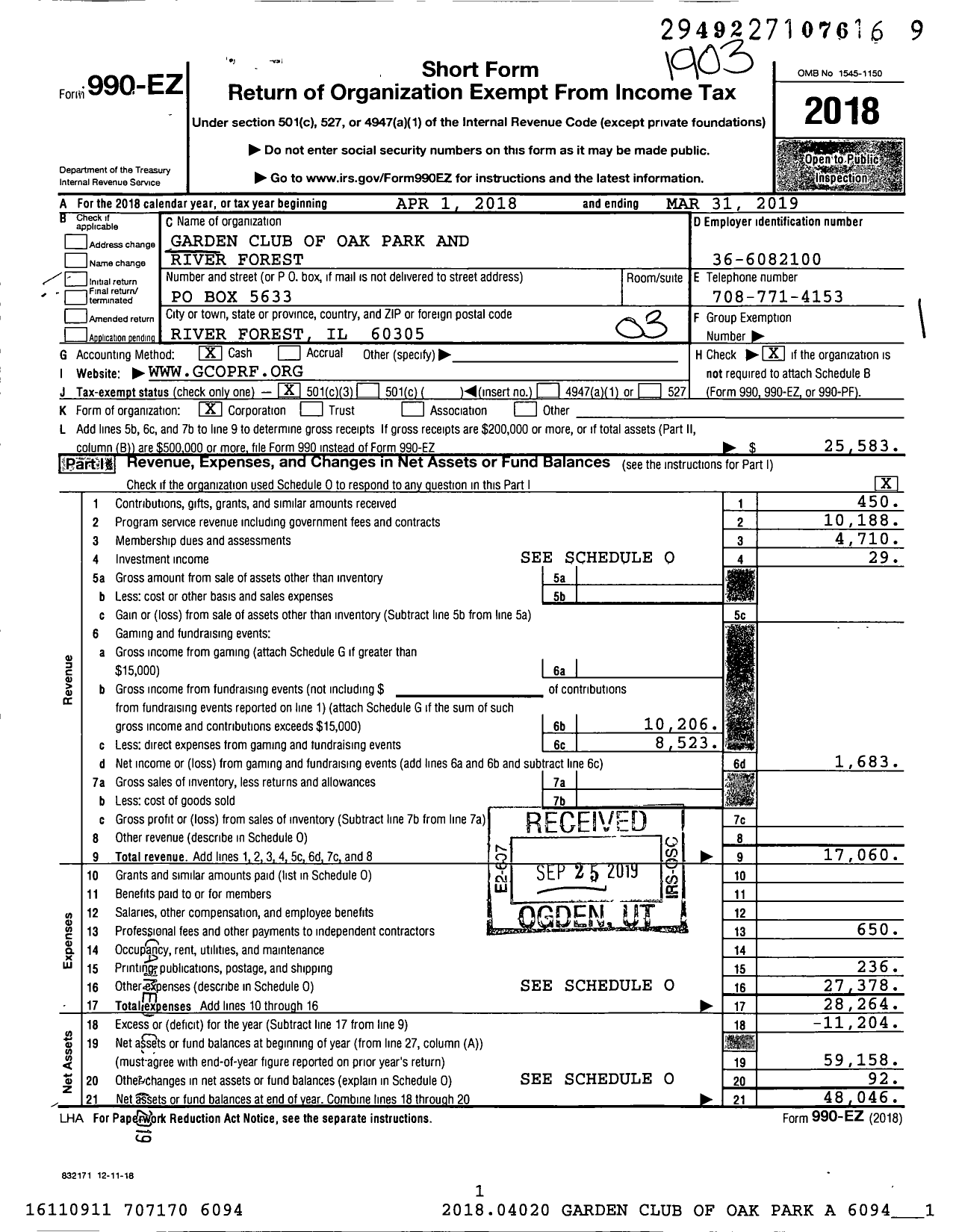 Image of first page of 2018 Form 990EZ for Garden Club of Oak Park and River Forest