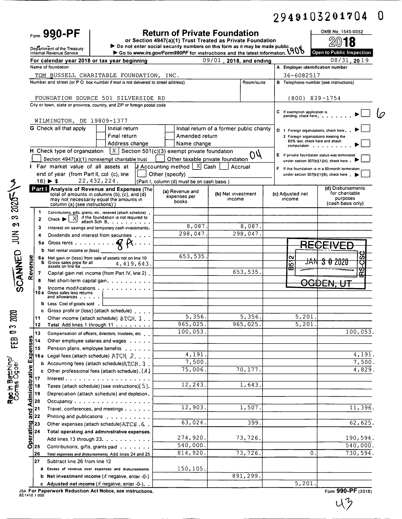 Image of first page of 2018 Form 990PR for Tom Russell Charitable Foundation