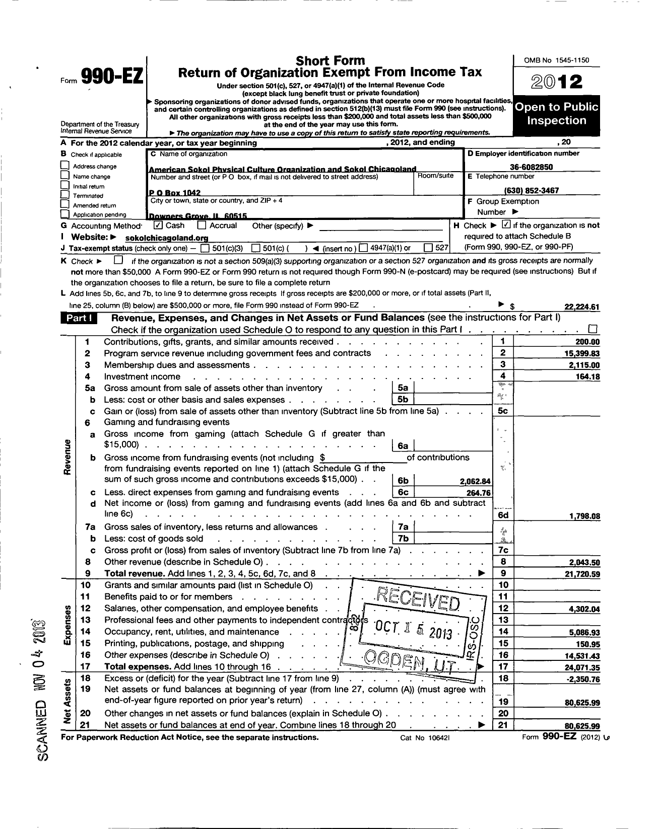 Image of first page of 2012 Form 990EO for American SOKOL Organization and Educational and physical Culture O / Sokol Chicagoland