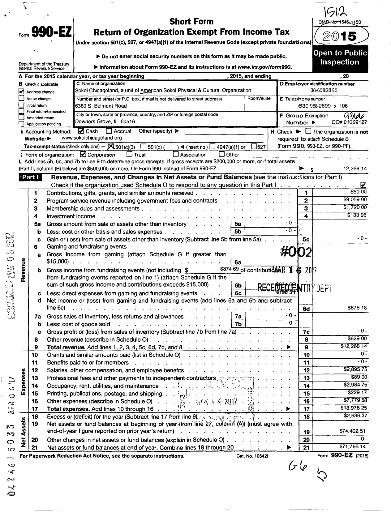 Image of first page of 2015 Form 990EZ for American SOKOL Organization and Educational and physical Culture O / Sokol Chicagoland