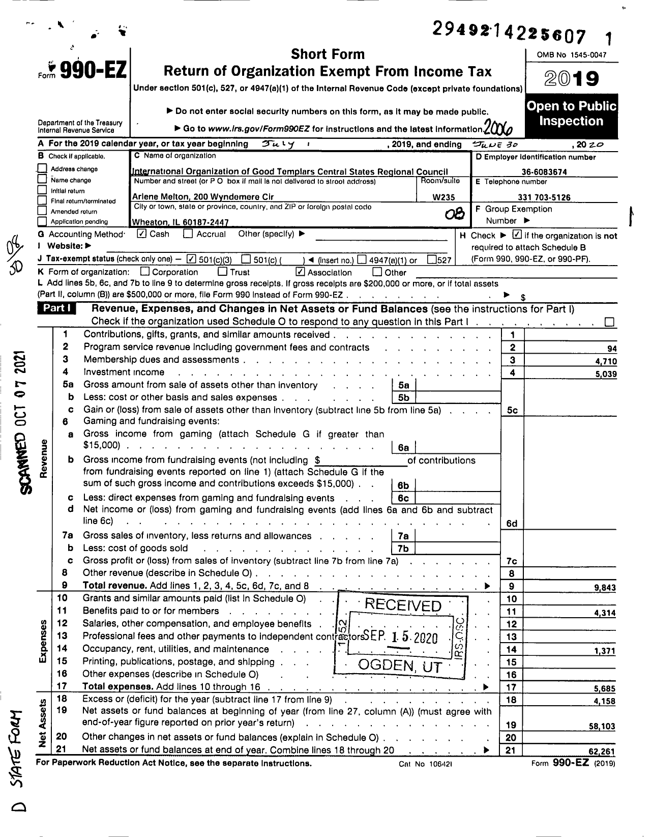 Image of first page of 2019 Form 990EO for International Organization of Good Templars Central States Regional Council