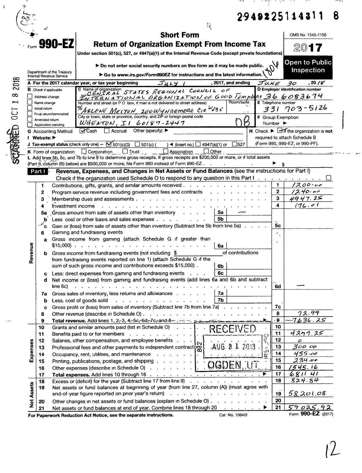 Image of first page of 2017 Form 990EO for International Organization of Good Templars Central States Regional Council