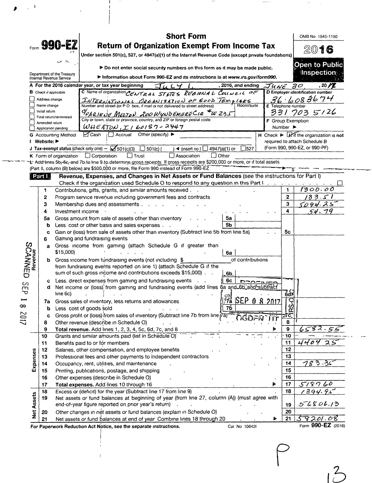 Image of first page of 2016 Form 990EZ for International Organization of Good Templars Central States Regional Council