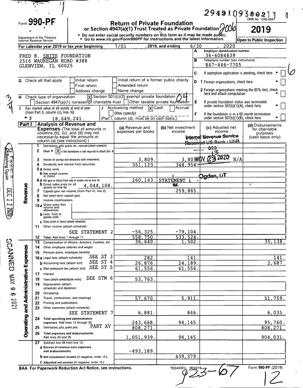 Image of first page of 2019 Form 990PF for Fred B Snite Foundation