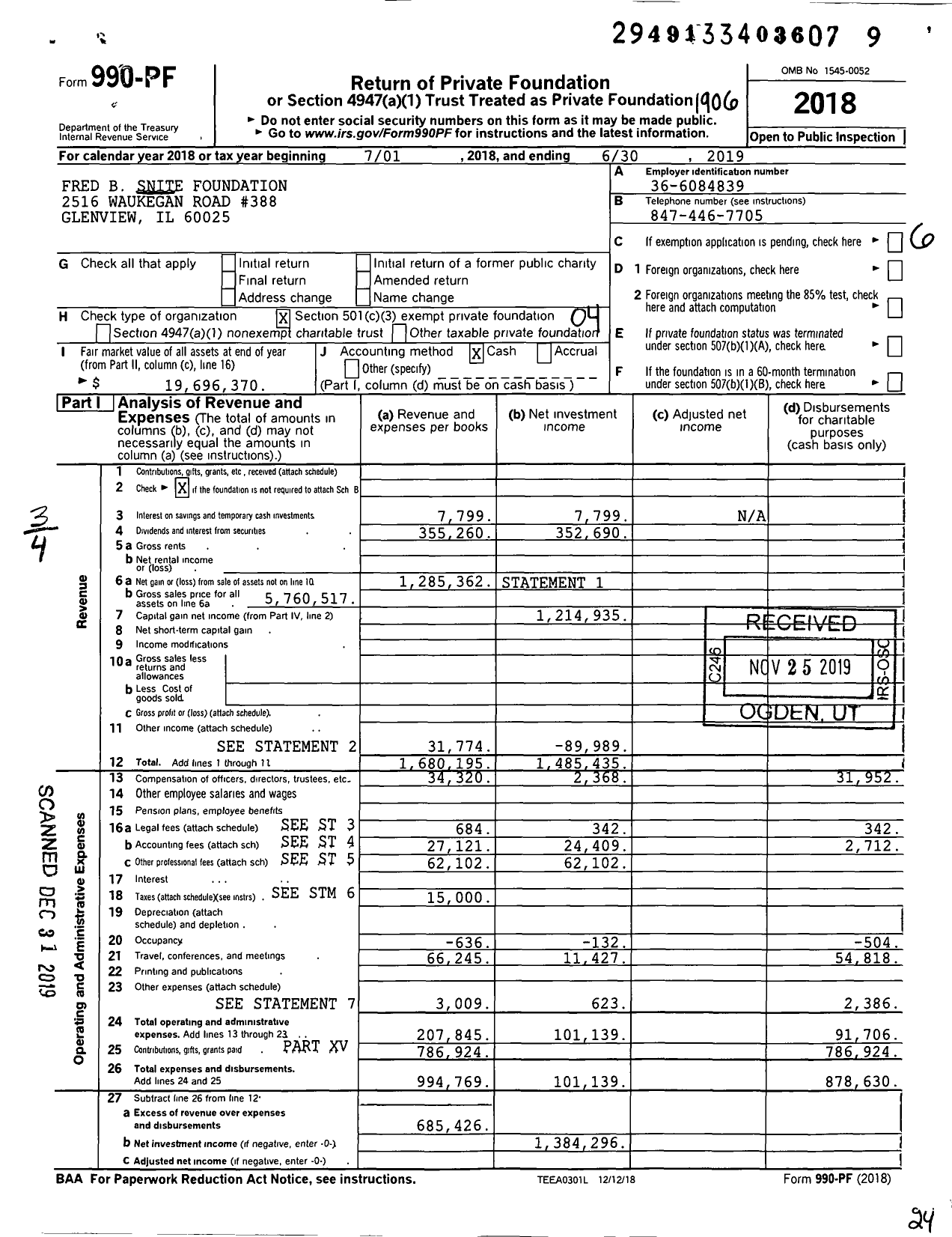 Image of first page of 2018 Form 990PF for Fred B Snite Foundation