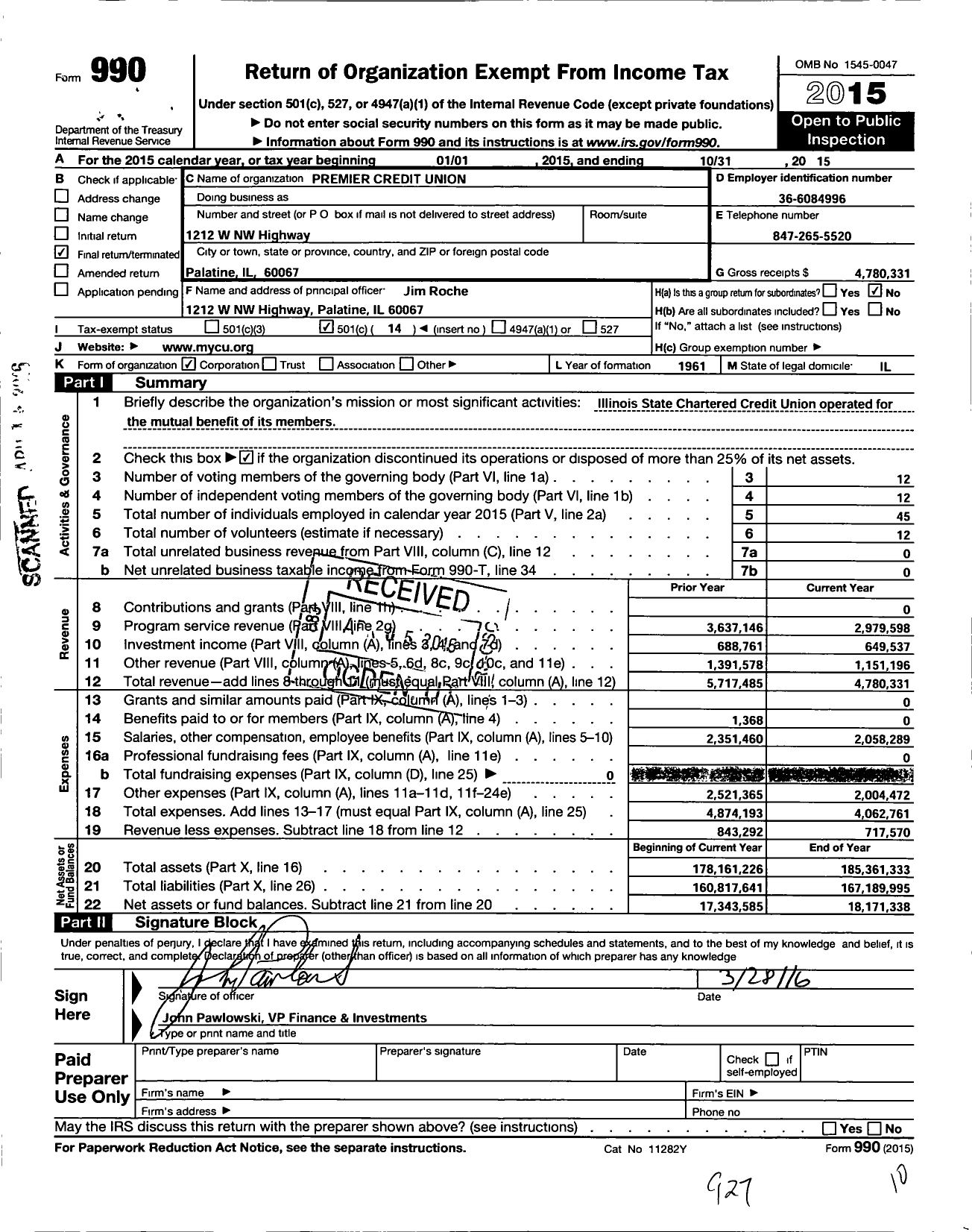 Image of first page of 2014 Form 990O for Premier Credit Union