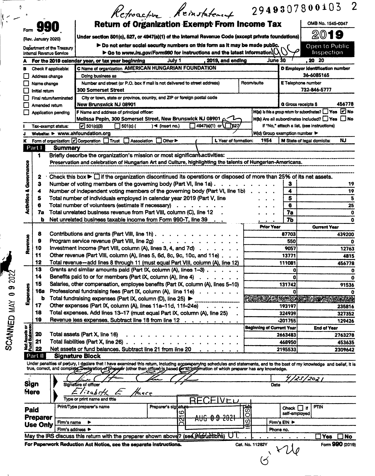 Image of first page of 2018 Form 990 for American Hungarian Foundation