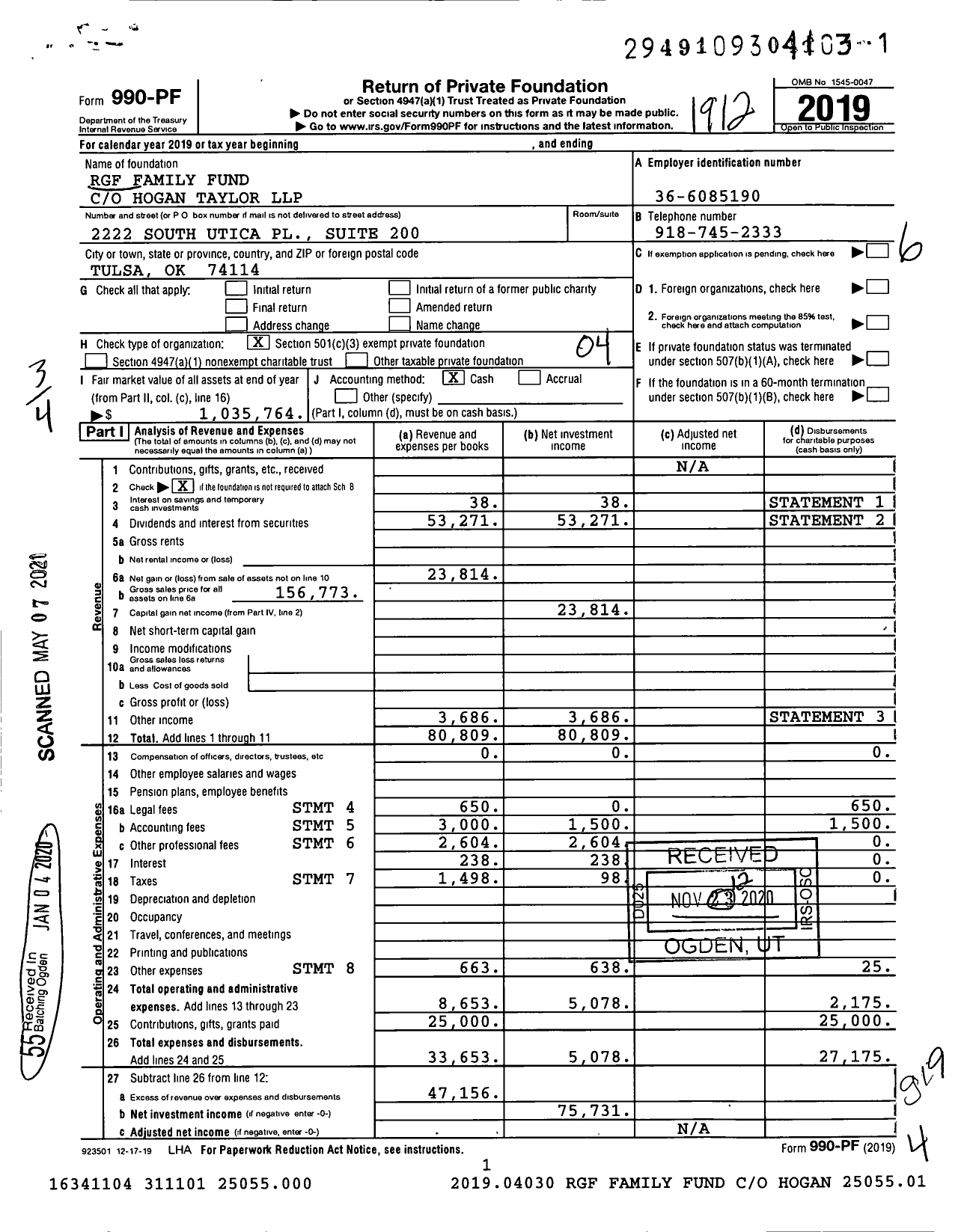 Image of first page of 2019 Form 990PF for RGF Family Fund