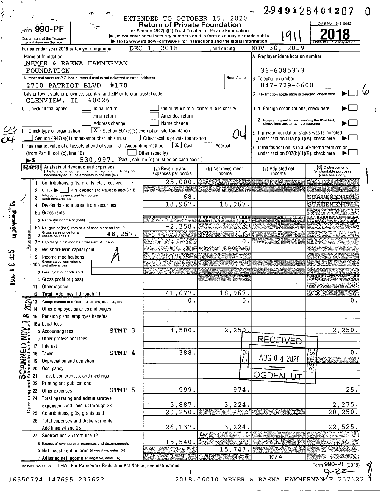 Image of first page of 2018 Form 990PF for Meyer and Raena Hammerman Foundation