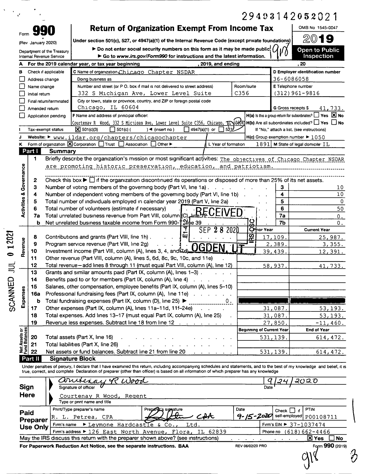 Image of first page of 2019 Form 990 for Daughters of the American Revolution - Chicago Dar