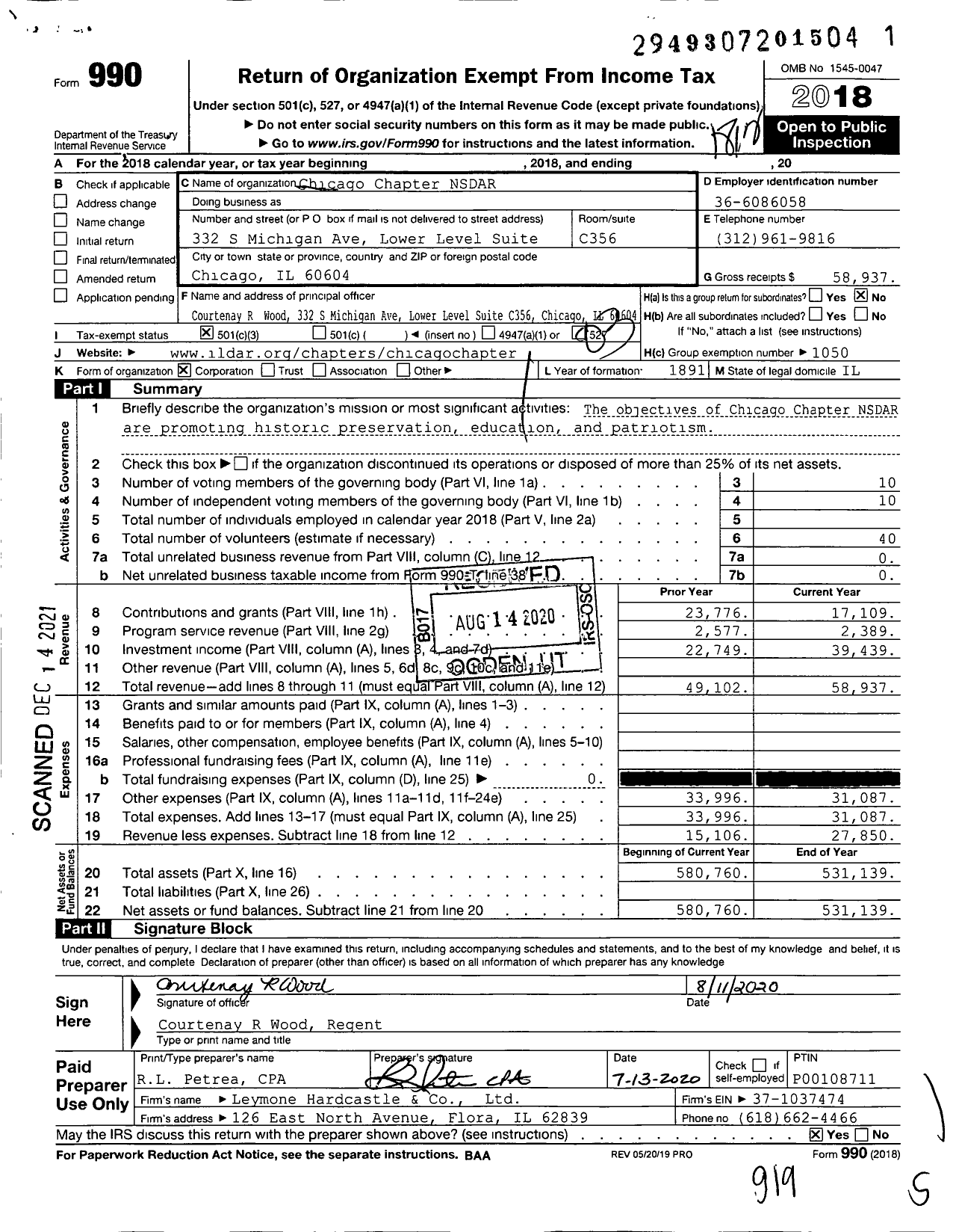 Image of first page of 2018 Form 990 for Daughters of the American Revolution - Chicago Dar