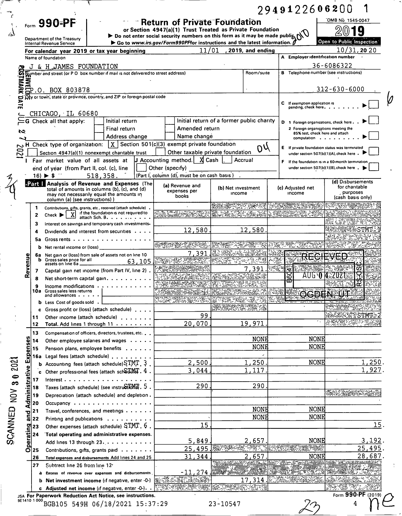 Image of first page of 2019 Form 990PF for J and H James Foundation