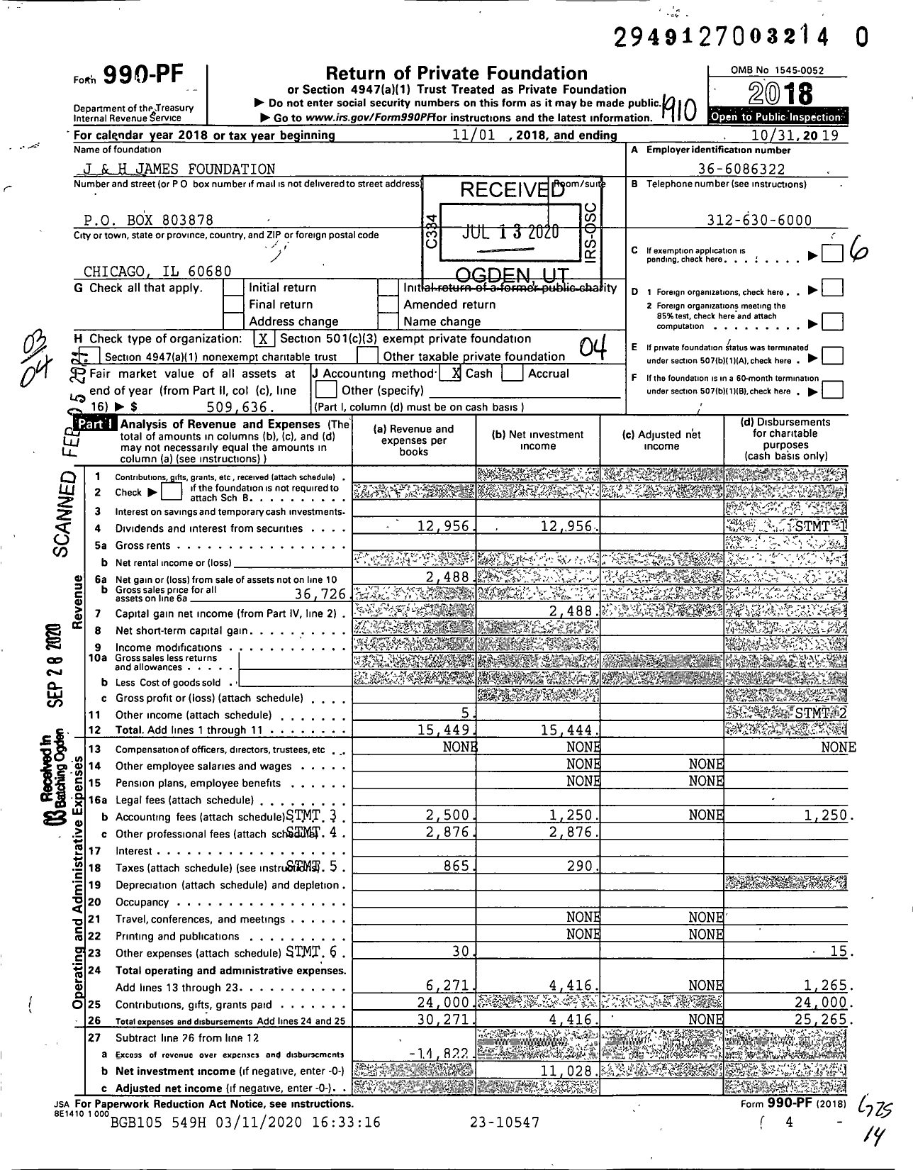 Image of first page of 2018 Form 990PF for J and H James Foundation