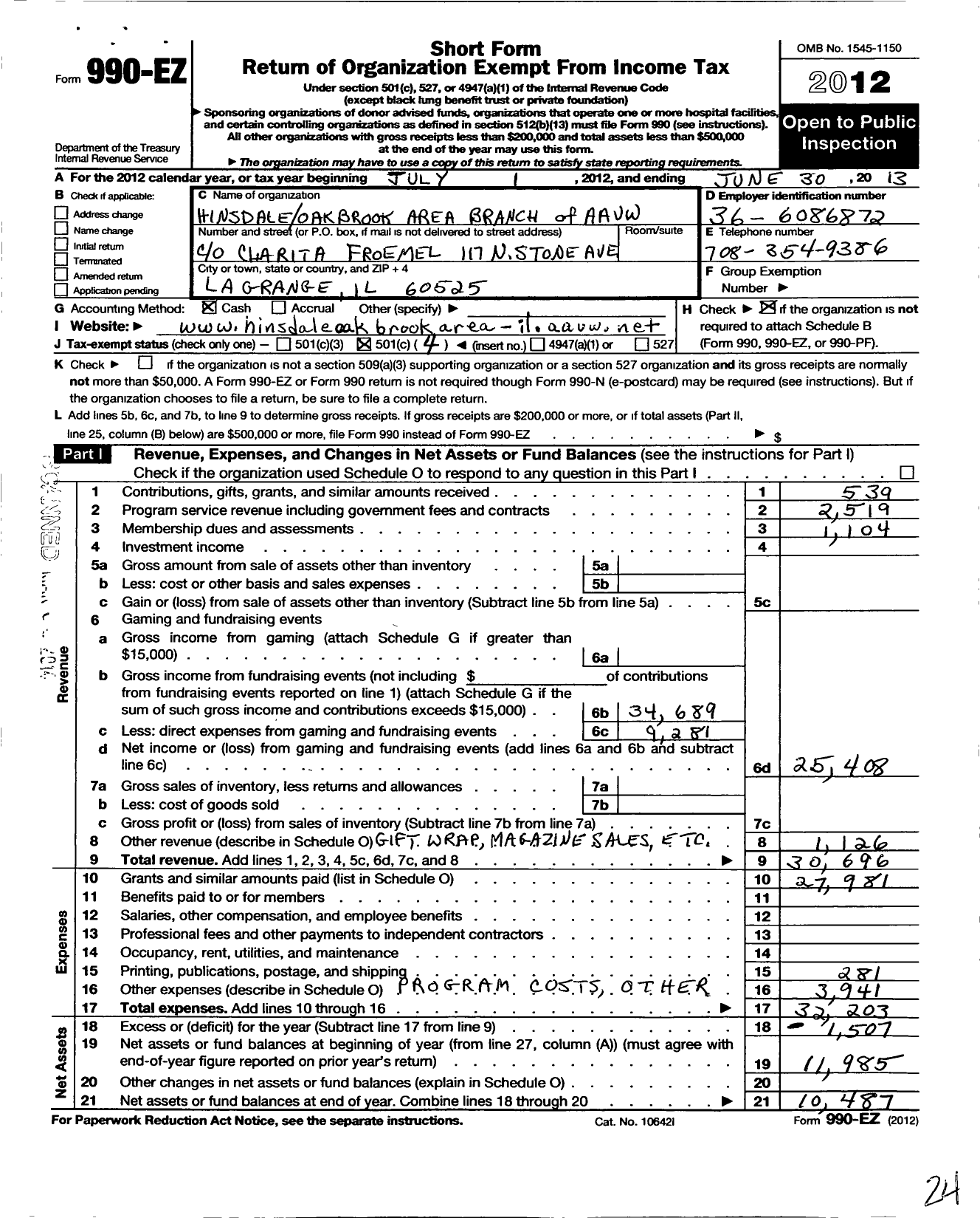 Image of first page of 2012 Form 990EO for American Association of University Women / Il4033 Hinsdale-Oak Brook Area