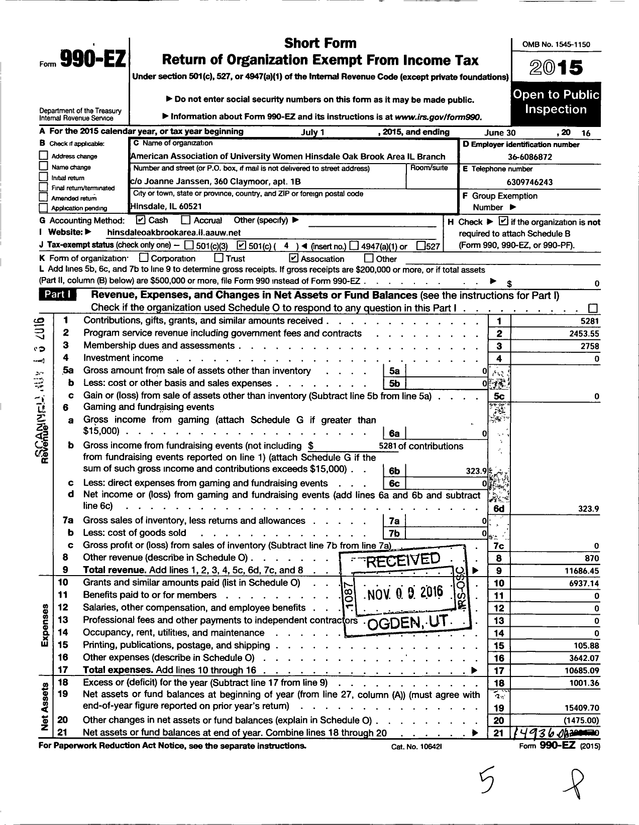 Image of first page of 2015 Form 990EO for American Association of University Women / Il4033 Hinsdale-Oak Brook Area