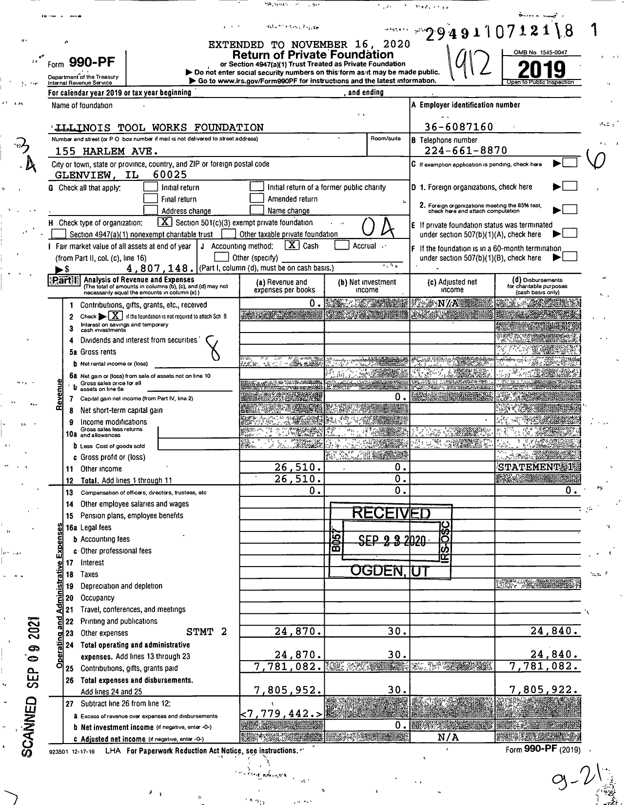Image of first page of 2019 Form 990PF for Illinois Tool Works Foundation
