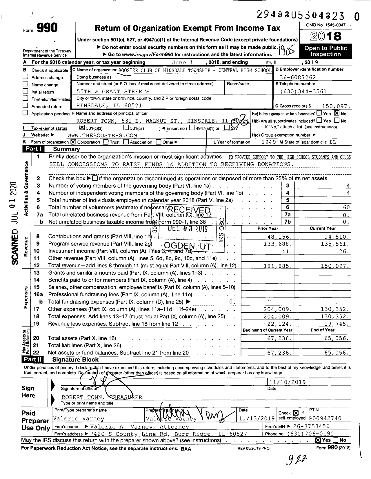 Image of first page of 2018 Form 990 for Booster Club of Hinsdale Township-Central High School