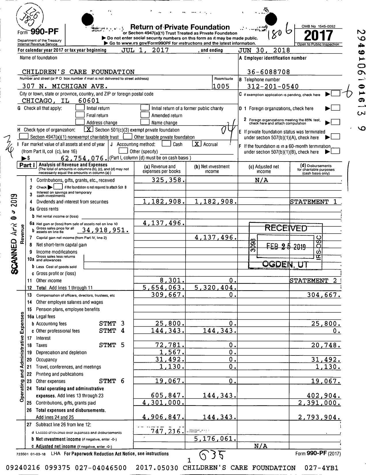 Image of first page of 2017 Form 990PF for Children's Care Foundation