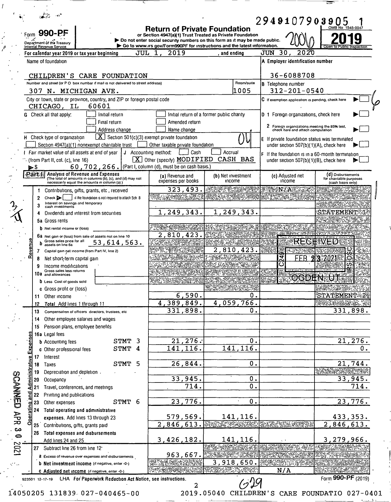 Image of first page of 2019 Form 990PF for Children's Care Foundation