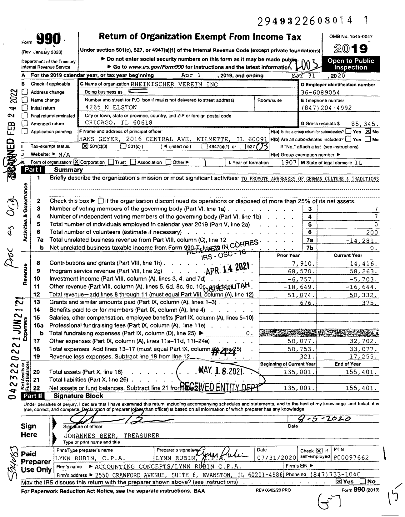 Image of first page of 2019 Form 990 for Rheinischer Verein