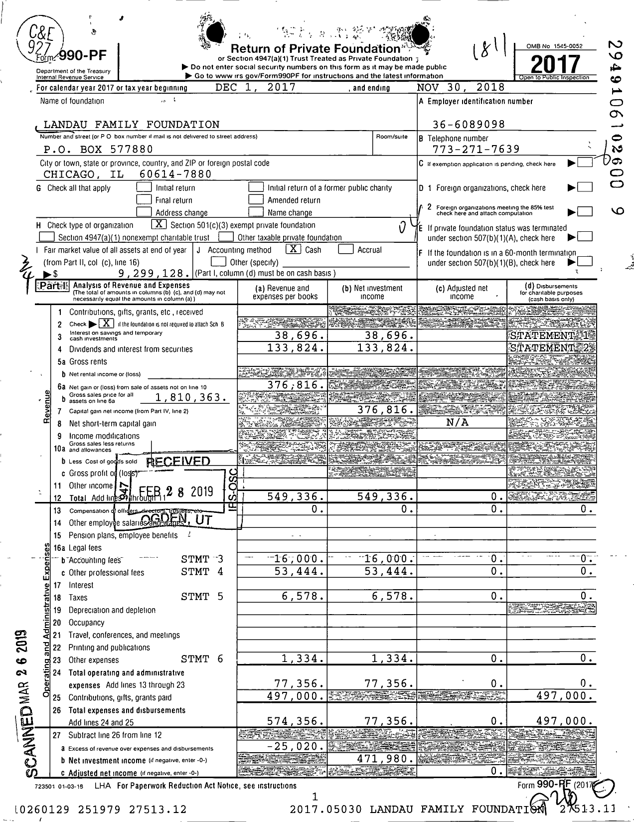 Image of first page of 2017 Form 990PF for Landau Family Foundation