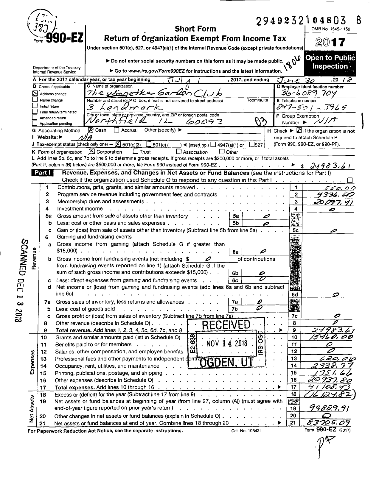 Image of first page of 2017 Form 990EZ for The Winnetka Garden Club