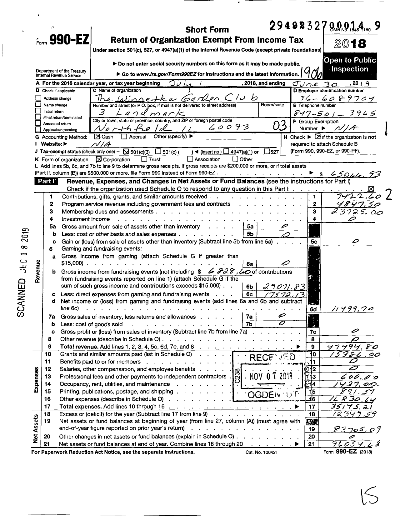 Image of first page of 2018 Form 990EZ for The Winnetka Garden Club