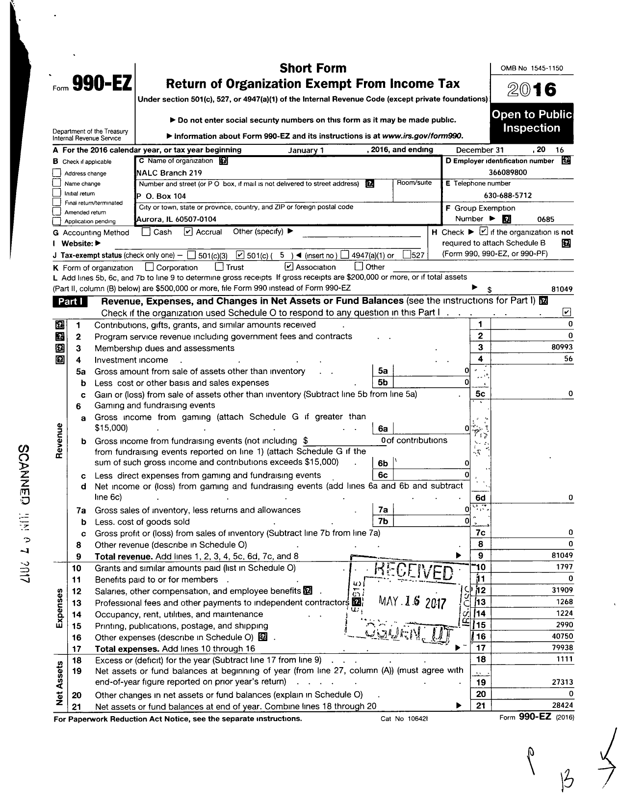 Image of first page of 2016 Form 990EO for NATIONAL ASSOCIATION OF LETTER CARRIERS - 219 Aurora Illinois