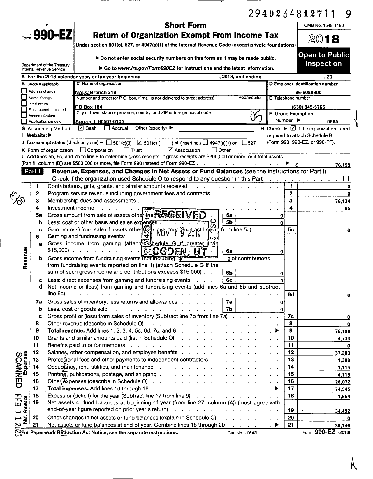 Image of first page of 2018 Form 990EO for NATIONAL ASSOCIATION OF LETTER CARRIERS - 219 Aurora Illinois