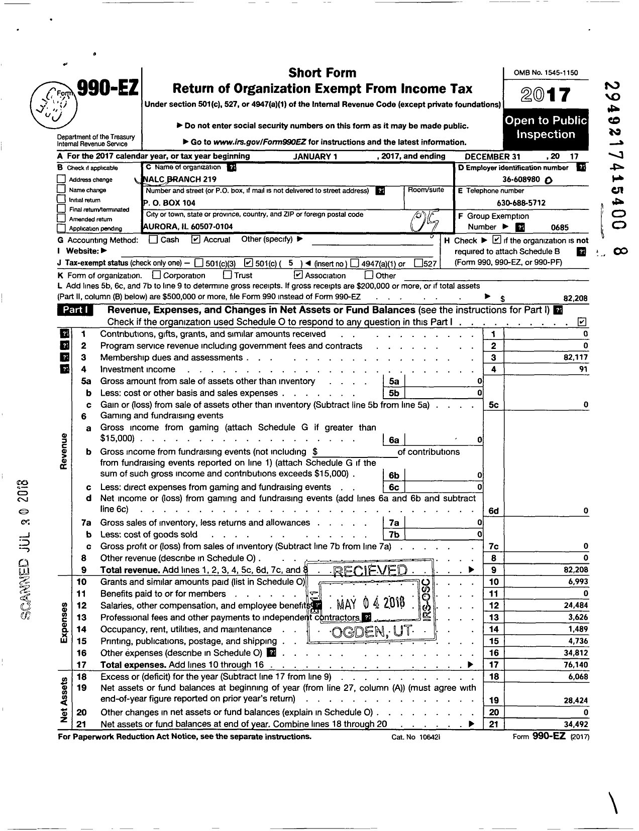 Image of first page of 2017 Form 990EO for NATIONAL ASSOCIATION OF LETTER CARRIERS - 219 Aurora Illinois