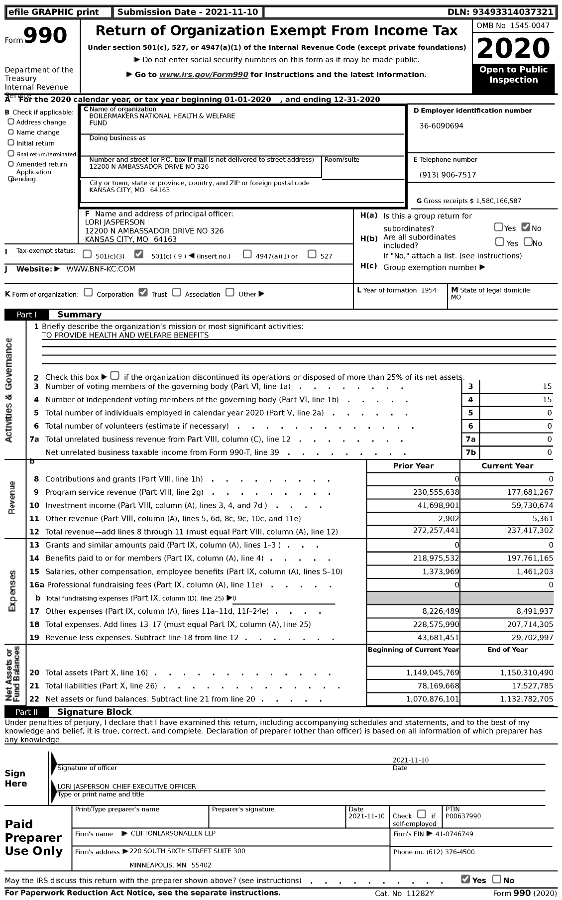 Image of first page of 2020 Form 990 for Boilermakers National Funds