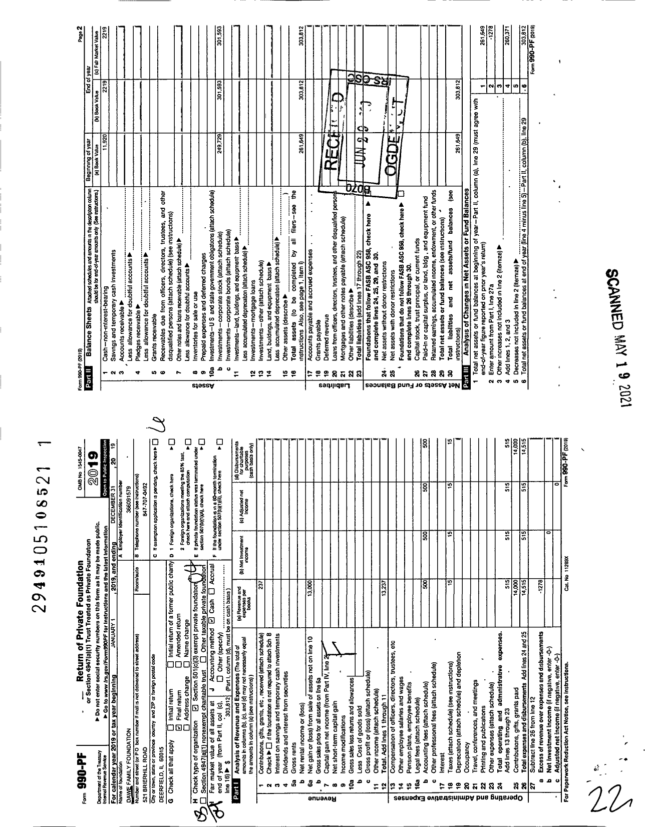 Image of first page of 2019 Form 990PF for Dawe Family Foundation