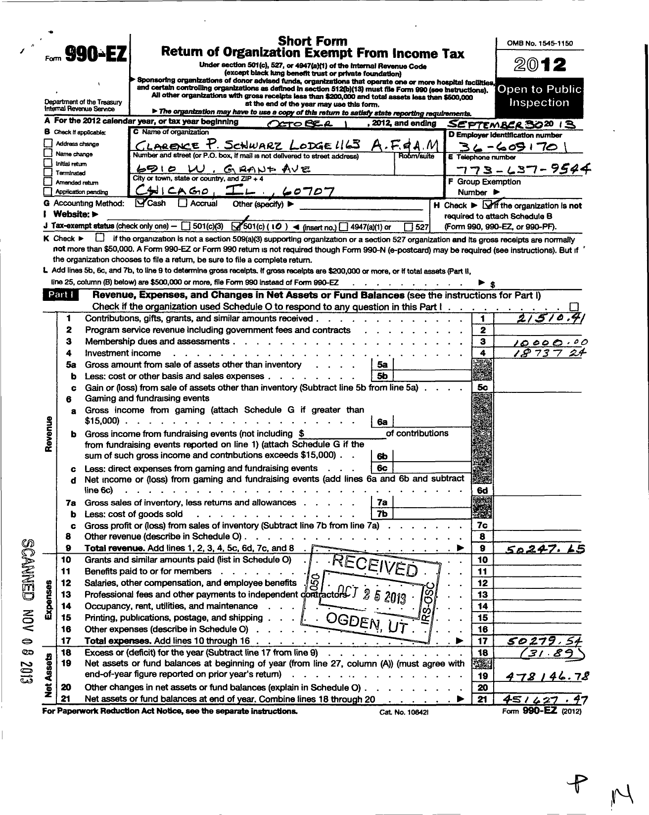 Image of first page of 2012 Form 990EO for Ancient Free & Accepted Masons of Illinois - 1163 Clarence P Schwarz Lodge